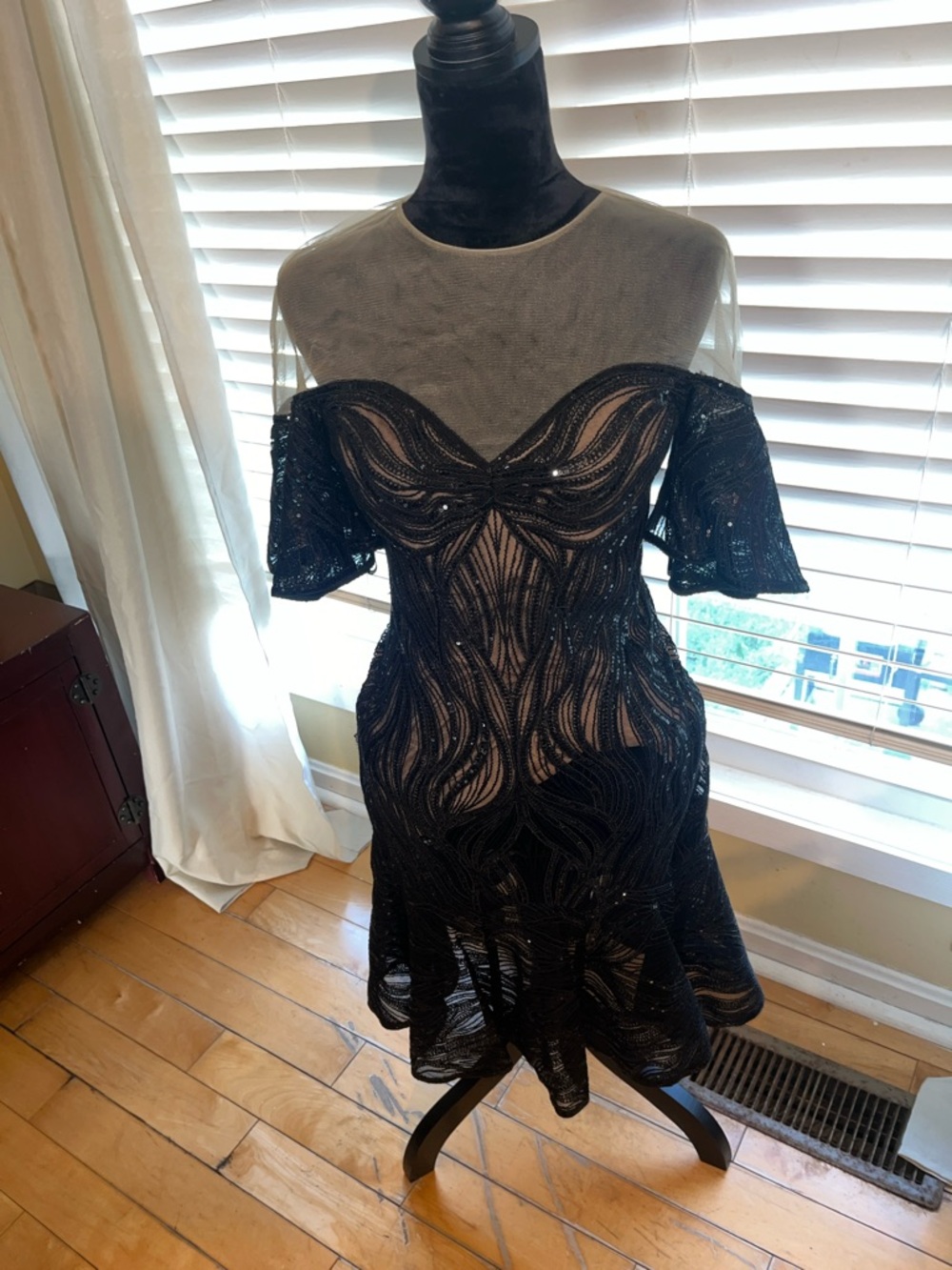 Tadashi Shoji Black Beaded Sheer Yoke Cocktail Dress